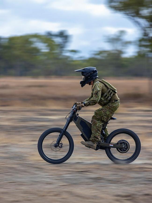 With less of a noise and dust footprint than traditional motorcycles, the E-Bikes help prevent reconnaissance scouts being detected by enemy forces. Picture: Supplied