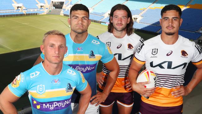 Tanah Boyd, David Fifita, Patrick Carrigan and Keenan Palasia ahead of Titans vs Broncos derby. Picture: Glenn Hampson