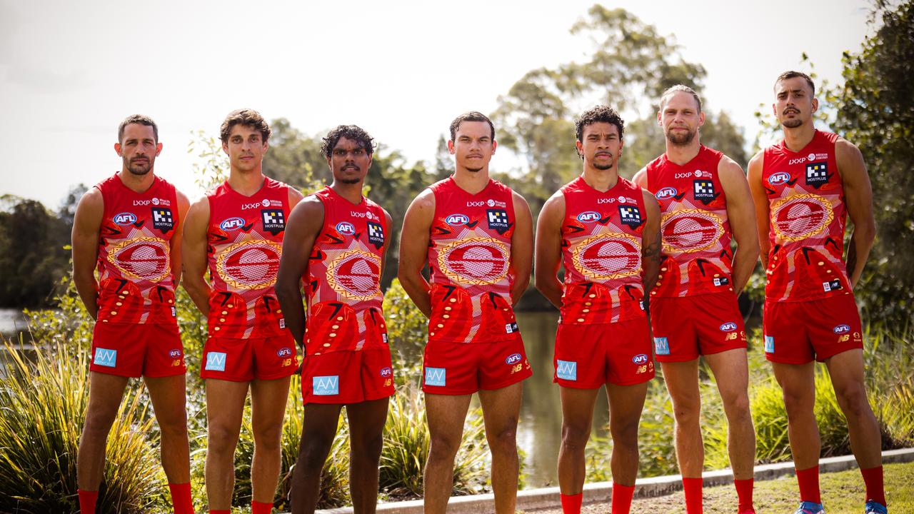 The Gold Coast Suns in their special edition Darwin/Larrakia Indigenous Guernsey for the two Darwin matches.