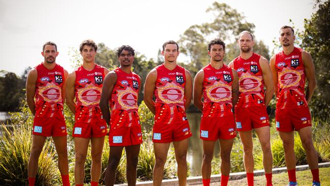 The Gold Coast Suns in their special edition Darwin/Larrakia Indigenous Guernsey for the two Darwin matches.