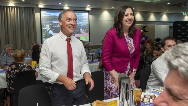 Adrian Tantari and Annastacia Palaszczuk watch the Melbourne Cup at the Hervey Bay RSL on Tuesday. Picture: John Wilson