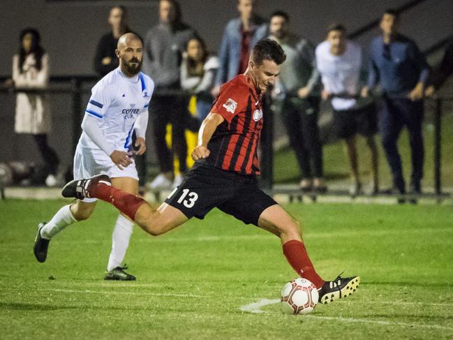 Burleigh Heads striker David Mutch scores his side's third and final goal in the 2019 Gold Coast Premier League grand final against Surfers Paradise. Picture: Ryan Kazmer/East End Digital