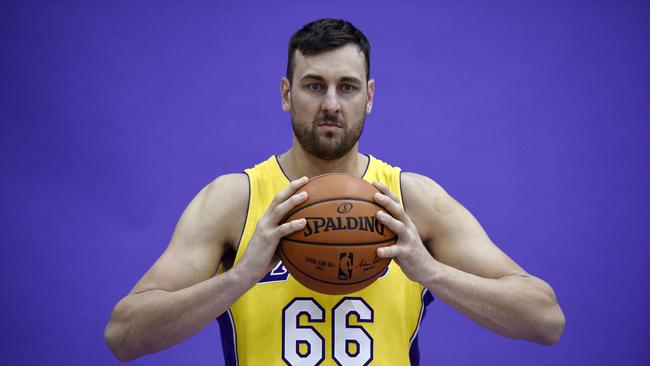 EL SEGUNDO, CA - SEPTEMBER 25: Andrew Bogut #66 of the Los Angeles Lakers poses during media day September 25, 2017, in El Segundo, California. NOTE TO USER: User expressly acknowledges and agrees that, by downloading and/or using this photograph, user is consenting to the terms and conditions of the Getty Images License Agreement.   Kevork Djansezian/Getty Images/AFP == FOR NEWSPAPERS, INTERNET, TELCOS & TELEVISION USE ONLY ==