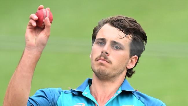 Primed and ready to go, express paceman Lance Morris bowls in the nets at Melbourne Cricket Ground. Picture: Rooney/Getty Images