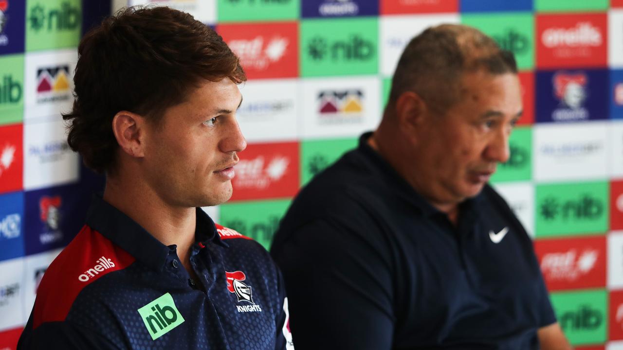 NEWCASTLE, AUSTRALIA - APRIL 20: Kalyn Ponga speaks during a Newcastle Knights NRL media opportunity at the Knights Centre of Excellence on April 20, 2022 in Newcastle, Australia. (Photo by Peter Lorimer/Getty Images)