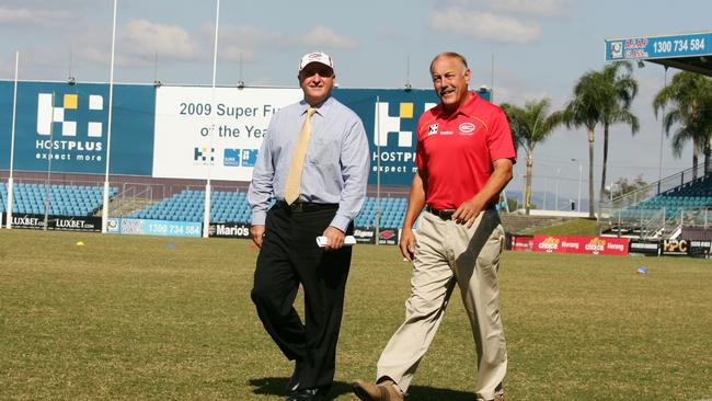 Malcolm Blight with then Gold Coast chairman John Witheriff after joining the Suns board in 2009.