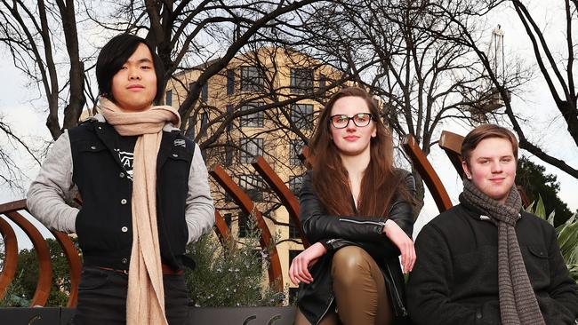 SUN TAS.  L-R Jackson Yung 17 of Hobart, Samantha Stevenson 18 of Huonville, Jasper Lennaen (Lennaen) 18 of Hobart.  Young adults talking about the impact of COVID.  Picture: NIKKI DAVIS-JONES