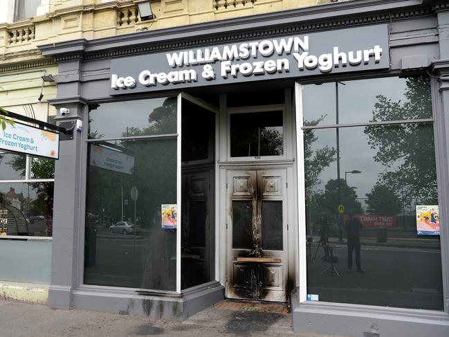 The fire damaged ice cream parlour at Nelson Place in Williamstown. Picture: Andrew Henshaw