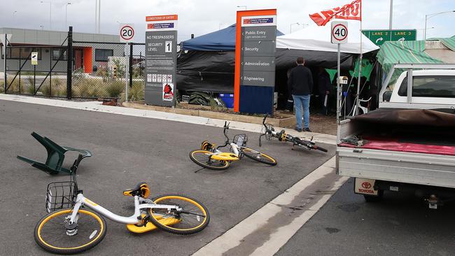 Union protesters are using oBikes to shut down Webb Dock. Picture: Michael Klein