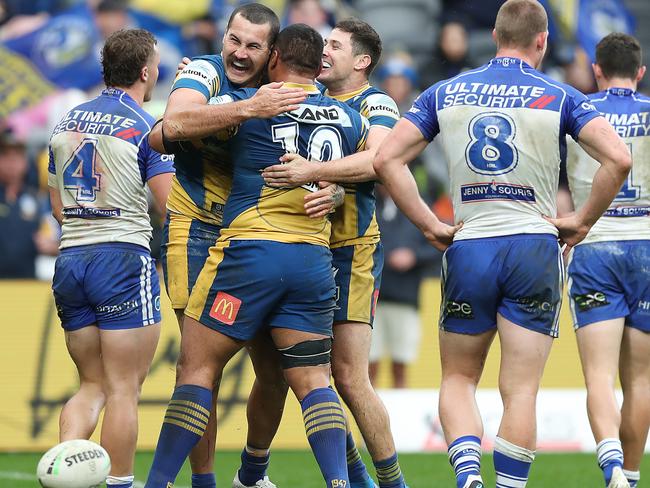 SYDNEY, AUSTRALIA - JUNE 20: Reagan Campbell-Gillard of the Eels celebrates scoring a try during the round 15 NRL match between the Parramatta Eels and the Canterbury Bulldogs at Bankwest Stadium, on June 20, 2021, in Sydney, Australia. (Photo by Mark Metcalfe/Getty Images)