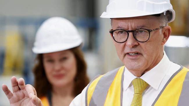 Opposition leader Anthony Albanese speaks at a press conference during a visit to Alstom Transport Australia in Perth. Picture: Lisa Maree Williams/Getty Images