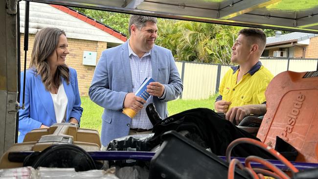 LNP candidate for Gaven Bianca Stone, Shadow Minister for Small and Family Business Brent Mickelberg, and tradie Josh Nantes at Highland Park on Thursday October 10. Picture: Keith Woods.