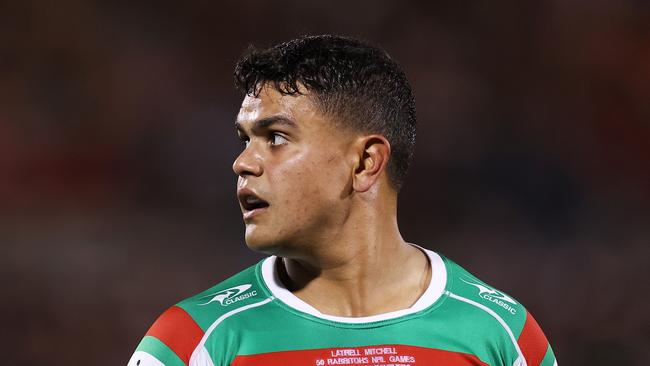 Latrell Mitchell of the Rabbitohs looks on during the round two NRL match between the Penrith Panthers and the South Sydney Rabbitohs at BlueBet Stadium on March 09, 2023 in Penrith, Australia. (Photo by Cameron Spencer/Getty Images)