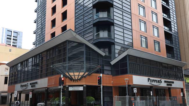 The exterior of Peppers Waymouth Adelaide Hotel, one of Adelaide’s medi-hotels. Picture: Emma Brasier