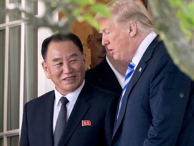 US President Donald Trump talks with Kim Yong Chol, former North Korean military intelligence chief and one of leader Kim Jong Un's closest aides. Picture: AP