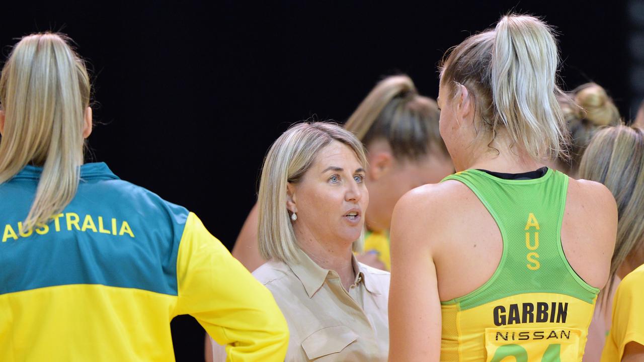 CHRISTCHURCH, NEW ZEALAND - MARCH 03: Head Coach Stacey Marinkovich of Australia (C) speaks to Sophie Garbin of Australia after their win in the Constellation Cup International Test Match between the New Zealand Silver Ferns and the Australia Diamonds at Christchurch Arena on March 03, 2021 in Christchurch, New Zealand. (Photo by Kai Schwoerer/Getty Images)