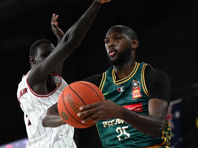 HOBART, AUSTRALIA - OCTOBER 12: Milton Doyle of the Jackjumpers in action during the round three NBL match between Tasmania Jackjumpers and Illawarra Hawks at MyState Bank Arena, on October 12, 2023, in Hobart, Australia. (Photo by Steve Bell/Getty Images)