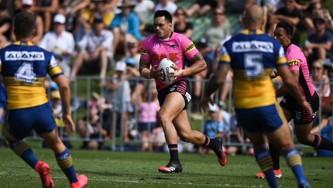 Panthers forward Zane Tetevano runs at the Parramatta defence during Penrith’s trial match in Bega. Picture: Nathan Hopkins./NRL Photos