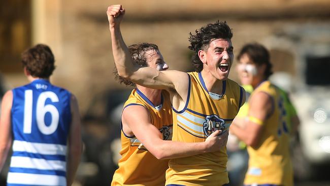 Sacred Heart skipper Darcy Gluyas celebrates having kicked a goal in the win against St Peter’s on Saturday Picture: Dean Martin