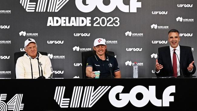 SA Premier Peter Malinauskas speaks during the press conference with Cameron Smith captain of the Ripper GC and Greg Norman (Photo by Mark Brake/Getty Images)