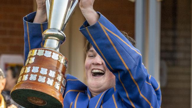 Grammar captain Charlie Wigan with the coveted prize. O'Callaghan Cup at Toowoomba Grammar School, Grammar vs Downlands. Saturday, July 24, 2021. Picture: Nev Madsen.