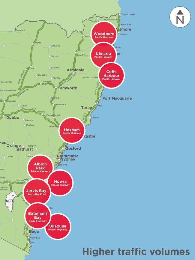 The worst spots for traffic on the NSW east coast.