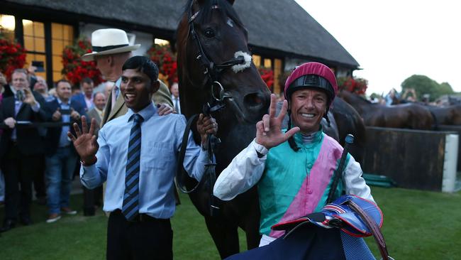 Frankie Dettori celebrates riding his 3000th winner earlier this year. Picture: Getty Images