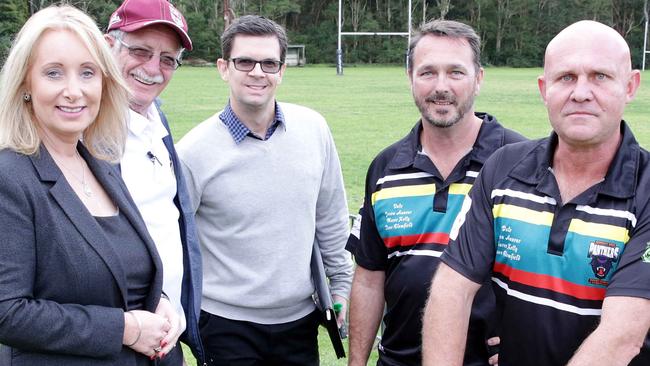 Karen McNamara announces funding for Berkeley Vale footy oval (L-R) Karen McNamara, Graham Boland, Justin Kelaher (council), Mark O'Hagan (Panthers’ President), Ken Smith (Panthers’ senior operations manager). Picture: Mark Scott