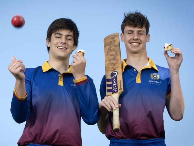 ADELAIDE, AUSTRALIA - Advertiser Photos OCTOBER 21, 2022: Cricketers from St Michael's School Will Hennessy 18yrs from West Lakes Shore and Nick Boeyen 17yrs from Henley Beach enjoy a tea break at school cricket on the oval at St Michael's School, Secondary School Campus, Henley Beach, SA. Photographer Emma Brasier