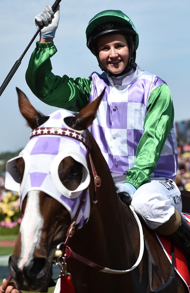 Payne celebrates as she returns to the mounting yard with Prince of Penzance. Picture: AAP