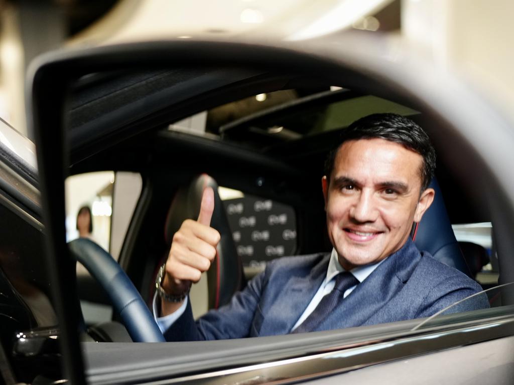 Socceroos great Tim Cahill unveils Australia’s first BYD Atto 3 right-hand drive electric vehicle in Brisbane. Picture: Nathan Richter/Markson Sparks