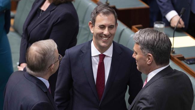 Australian Treasurer Jim Chalmers with PM Anthony Albanese and Richard Marles 2022 Federal Budget speech in the House of Representatives in Parliament House in Canberra. Picture: NCA NewsWire / Gary Ramage