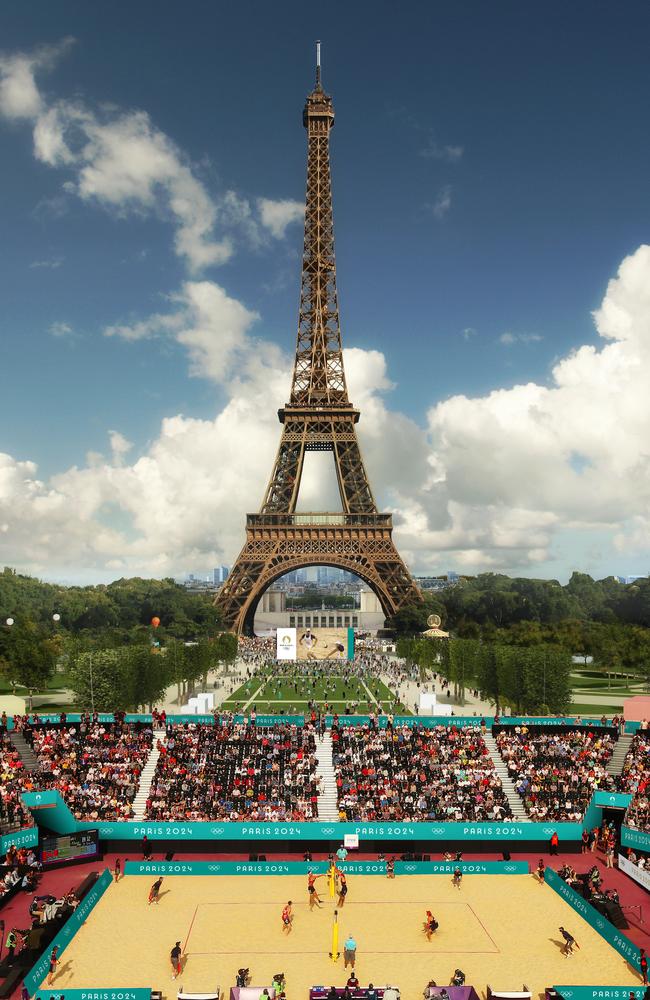 The scenic beach volleyball stadium at the Eiffel Tower.