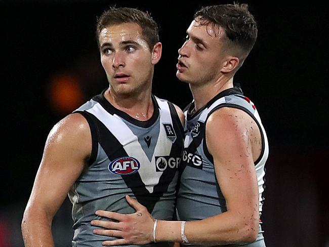 BRISBANE, AUSTRALIA - MAY 01: Boyd Woodcock of the Power (left) celebrates a goal during the round seven AFL match between the Brisbane Lions and the Port Adelaide Power at The Gabba on May 01, 2021 in Brisbane, Australia. (Photo by Jono Searle/AFL Photos/via Getty Images)