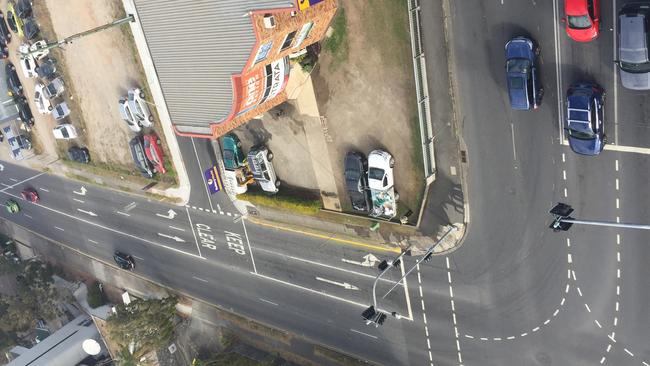 The view from The Hudson on Albion Hill of the Albion Overpass (at bottom of photo) and Hudson Rd. The Hudson body corporate secretary Gary Evans took this image of the accident scene after the incident. He said the turning lane from the Albion Overpass is dangerous.