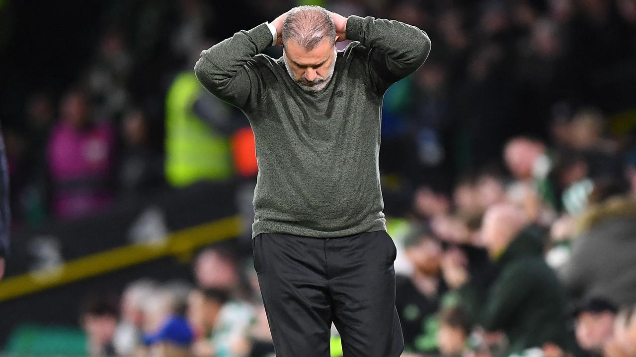 Celtic's Greek Australian head coach Ange Postecoglou reacts during the UEFA Champions League Group F football match between Celtic FC and RB Leipzig, at the Celtic Park stadium in Glasgow, on October 11, 2022. (Photo by ANDY BUCHANAN / AFP)