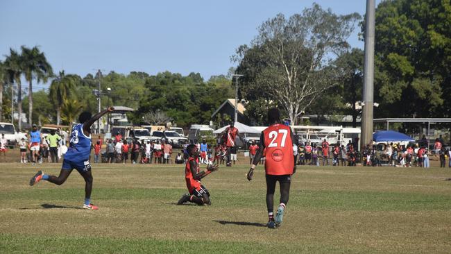 Players in action during the Tiwi Island Football League grand final between Tuyu Buffaloes and Pumarali Thunder. Picture: Max Hatzoglou