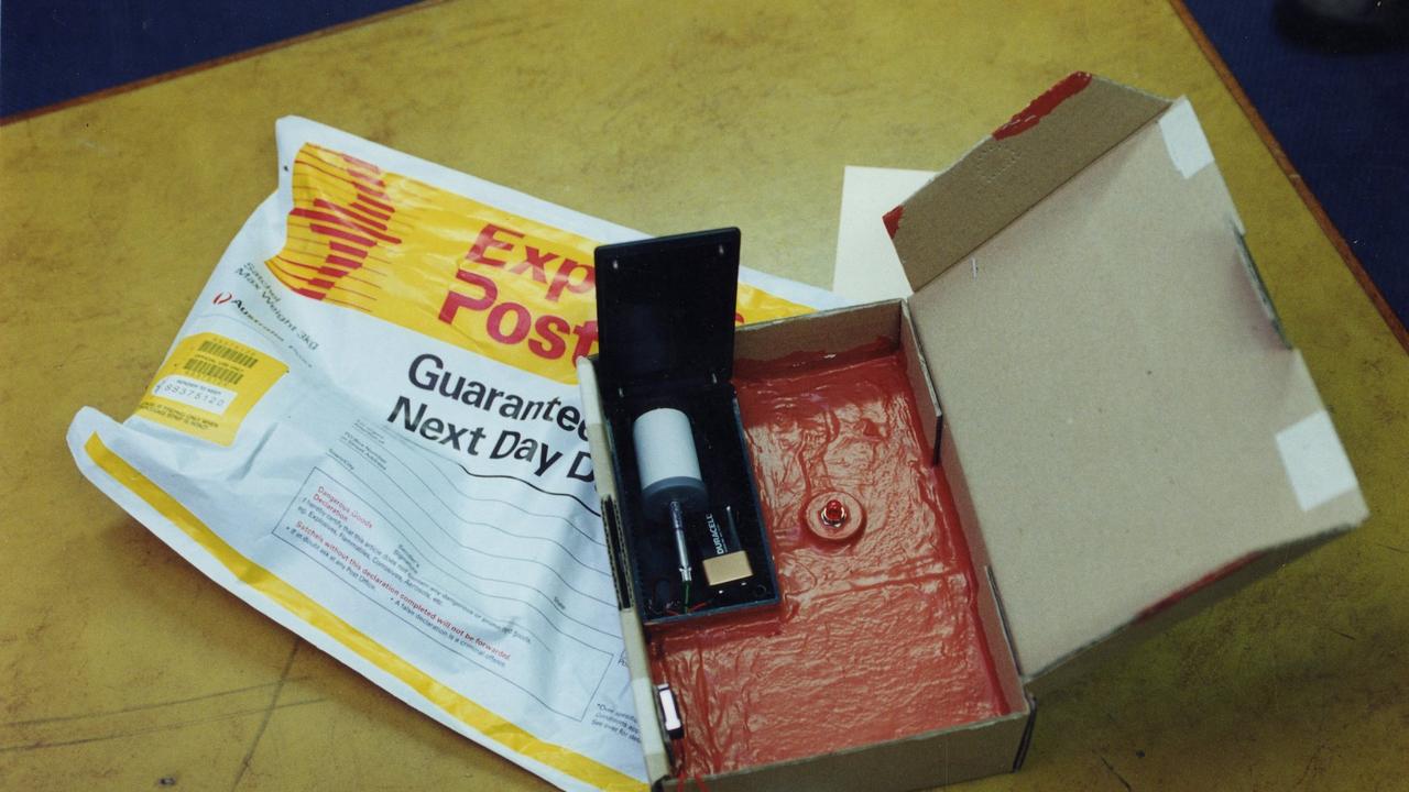 A police replica of the parcel bomb which exploded in the NCA office presented to the Adelaide Magistrates Court in the trial of Domenic Perre. Picture: Supplied