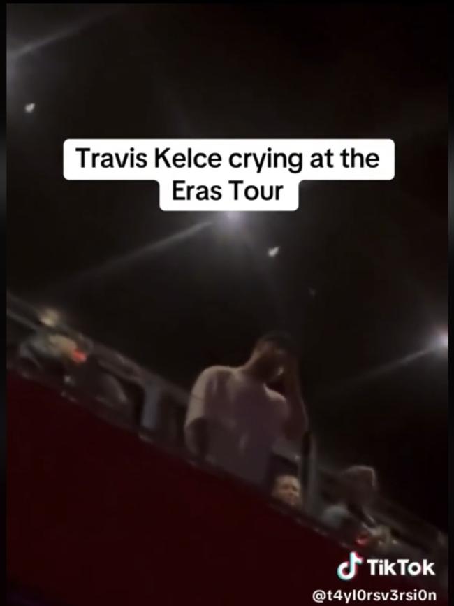 Travis Kelce was seen tearing up during Taylor Swift's surprise songs.