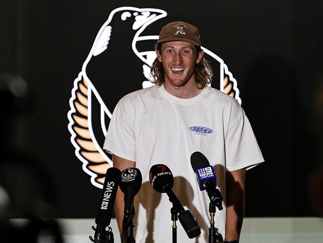 Nathan Murphy speaking to the media while announcing his retirement from concussion. Picture: Supplied