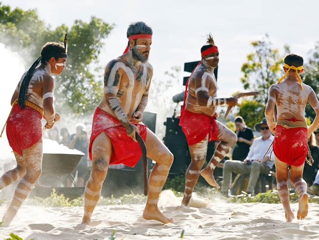 WEEKEND TELEGRAPH - 26.1.24UNTIL MUST NOT PUBLISH  BEFORE CLEARING WITH PIC EDITOR  - Welcome to country ceremony at Barangaroo in Sydney on the morning of Australia Day. Performers from the Muggera group pictured. Picture: Sam Ruttyn