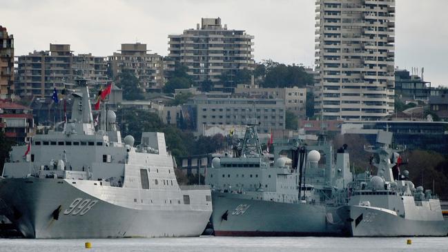 Three Chinese warships docked at Garden Island naval base. Picture: Peter Parks/AFP