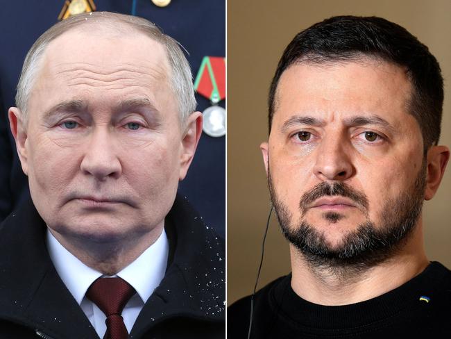(COMBO) This combination of pictures created on May 12, 2025 shows a pool photograph distributed by Russia's state agency Sputnik bearing Russian President Vladimir Putin (L) during the Victory Day military parade in central Moscow on May 9, 2024 and a picture of Ukraine's President Volodymyr Zelensky during a press conference with French President at the Elysee palace in Paris on February 16, 2024. Following the visit of some European leaders to Kyiv, where they called for Russia to agree to an unconditional 30-day ceasefire to allow for peace talks, Putin proposed direct negotiations with Ukraine in Istanbul on May 15, but did not respond to the European call for a 30-day ceasefire. Zelensky said he would be prepared to meet Putin in Turkey, but did not say whether he would still attend if Russia refused the European proposal. (Photo by Mikhail KLIMENTYEV and Thibault CAMUS / POOL / AFP)