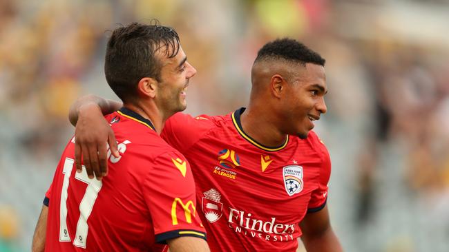 Adelaide United’s Nikola Mileusnic celebrates a goal against Central Coast. Picture: Tony Feder/Getty Images.