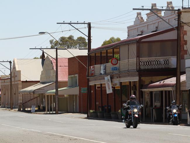 The main street in Snowtown, with the former bank building (centre) used to stash the barrels.