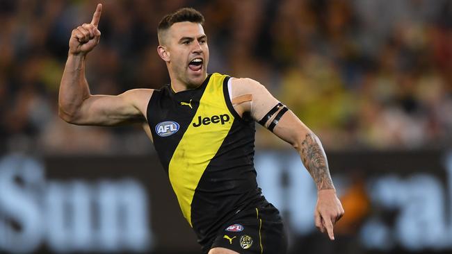 Jack Graham of the Tigers reacts after kicking a goal during the First Qualifying Final against the Hawks. Picture: AAP Image/Julian Smith