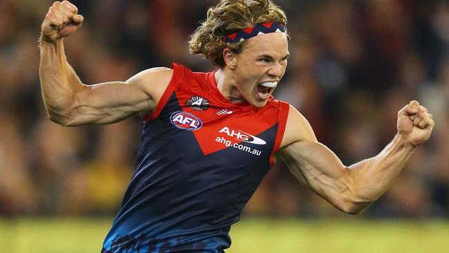 Jayden Hunt celebrates a goal against Richmond.