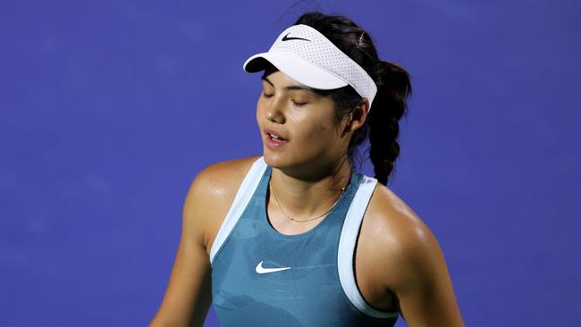 Emma Raducanu reacts during her match against Karolina Muchova. (Photo by Christopher Pike/Getty Images)