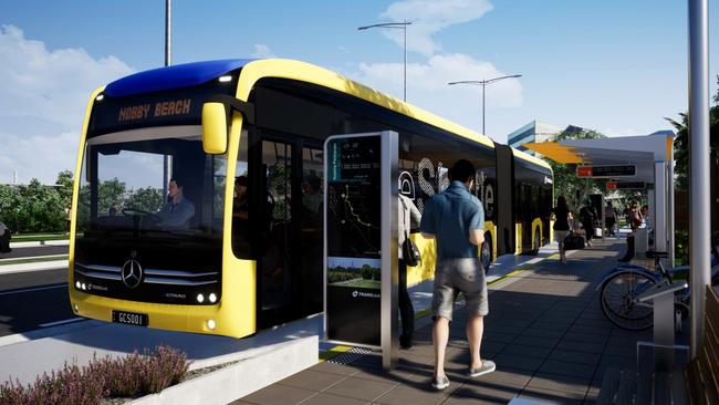 Artist impression of the proposed Gold Coast electric bus system, known as the Bus Rapid Transit (BRT).