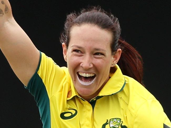 SYDNEY, AUSTRALIA - FEBRUARY 07:  Megan Schutt of Australia celebrates taking the wicket of Laura Wolvaardt of South Africa during game two of the Women's One Day International series between Australia and South Africa at North Sydney Oval on February 07, 2024 in Sydney, Australia. (Photo by Mark Metcalfe/Getty Images)